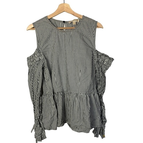 MICHAEL Michael Kors Gray & White Stripe Peplum Cold Shoulder Long Sleeve XL - Picture 1 of 4